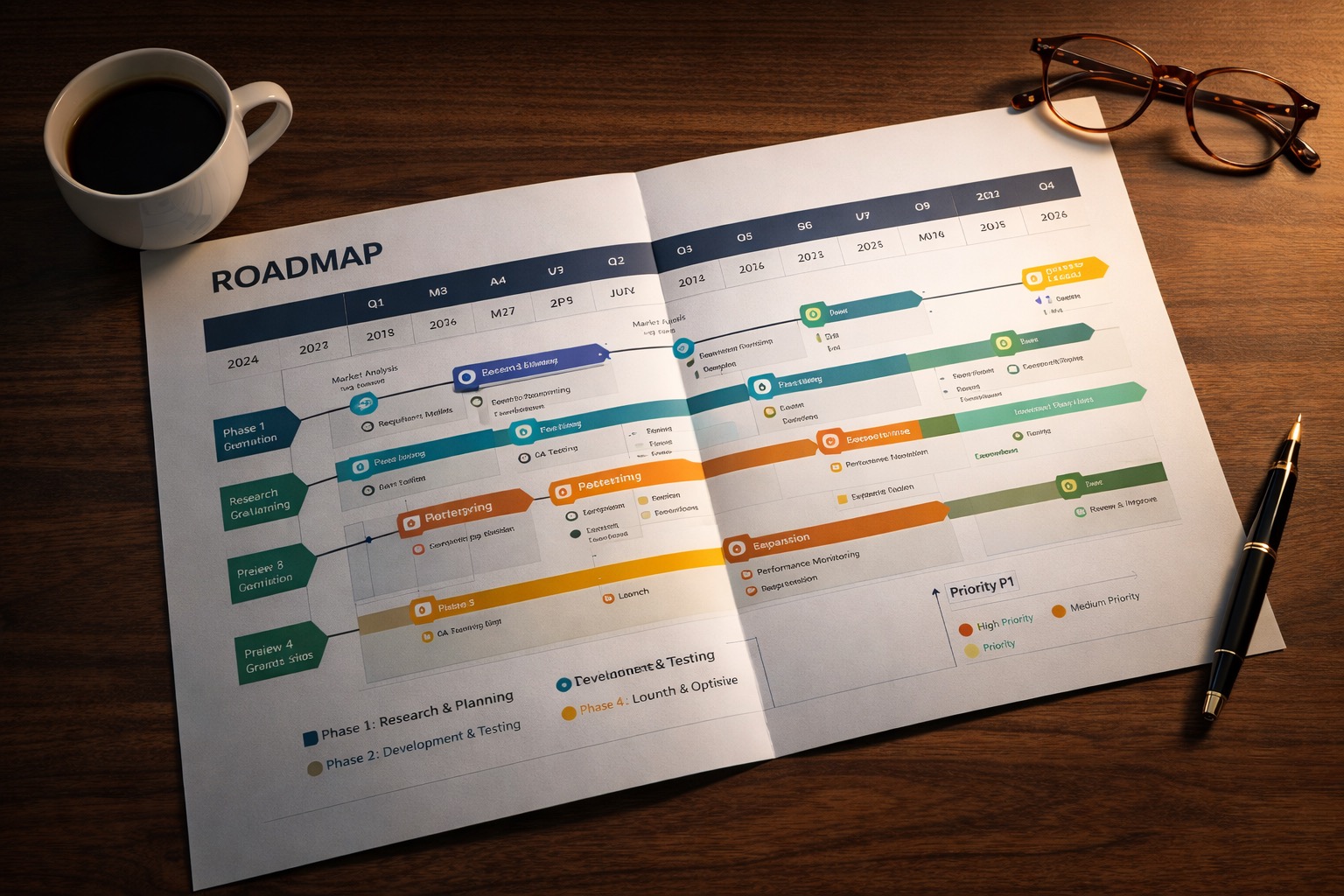 Image placeholder: sample roadmap document spread across a desk