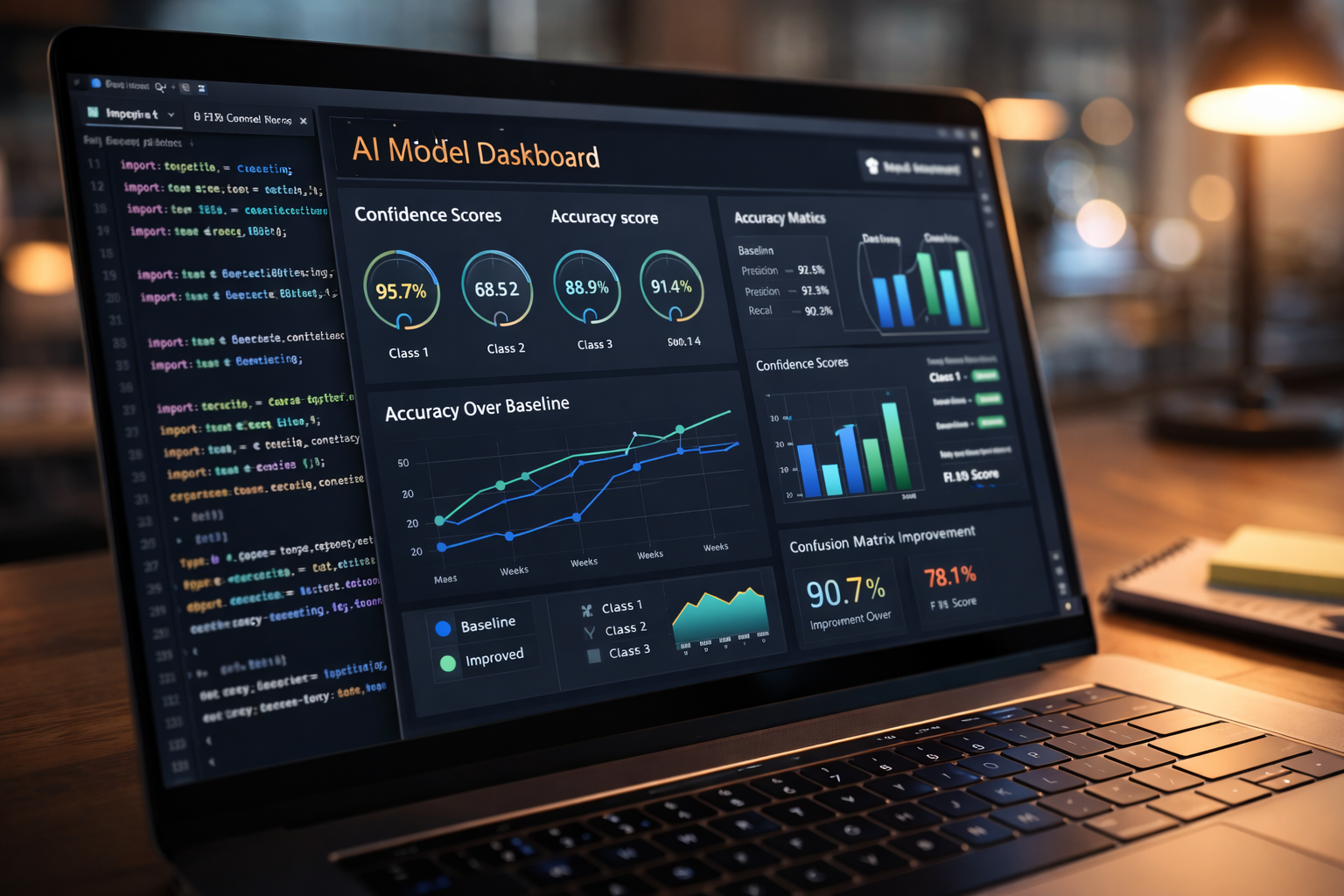 Image placeholder: laptop screen showing AI model output with confidence scores